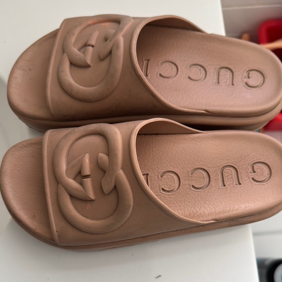 Gucci Other - Gucci Tan Sandals with Wide Upper and Embossed Logo